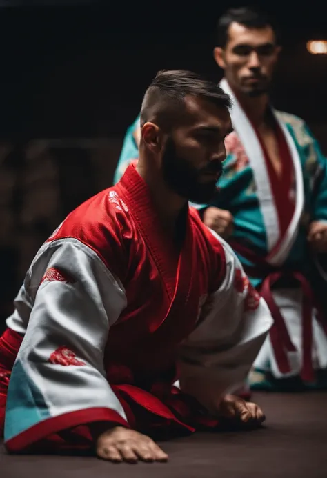 Atletas de Jiujitsu se comprimentando, homens de kimono de jiujitsu, kimono de jiu-jitsu, 8k, hyper realista, detalhado.