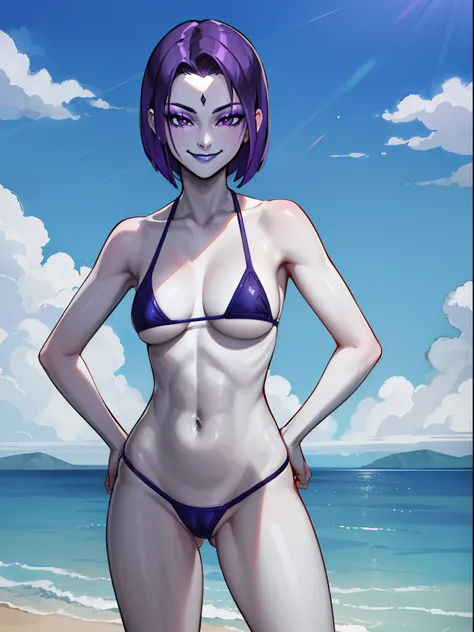 highres, masterpiece, perfect ligthing, bloom, cinematic lighting, adult, perfect skin, female,,1girl,solo,RavenTT,short hair,purple hair, purple eyes,makeup,black lipstick,grey skin,outdoor,smirk,fist on hip,micro bikini,ocean,happy,smile