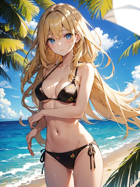 one girl. long blonde hair girl. summer. hot. shes at the beach. bikini. sunny day. bright lighting. sunlight