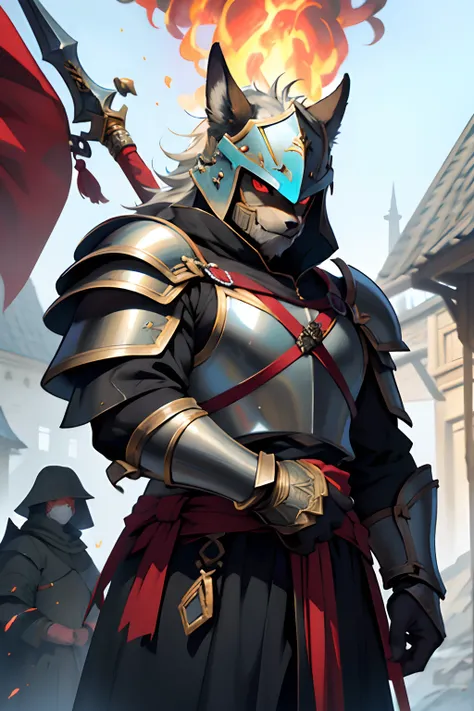 Guard Best Quality, tmasterpiece, extra high resolution, Detailed background, realisti, 独奏, ember, humanoid, heavy armor,, In the hand of a spear, Cool Helmet, The Face of the Beast, Furry, Guards Outfit, Guardians Attire, Guard, Medieval Guard, Medieval G...