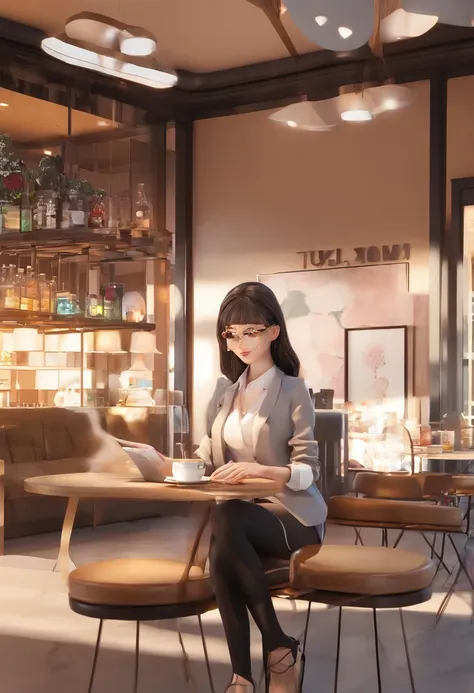 Inside the café、There is a woman sitting on a sofa with a cup in her hand,Laptop on the table, Working on a laptop,White shirt with grey knit cardigan,cleavage of the breast,Big eyes,drooing eyes,Black hair long straight hair,Turn to your laptop,Black tigh...