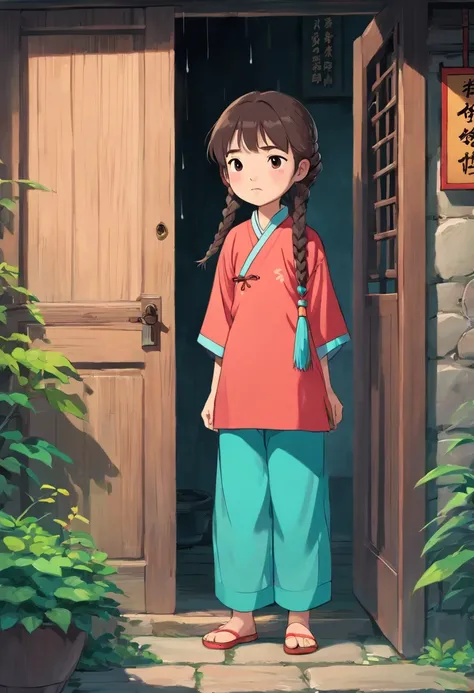 A little Chinese girl，The two braids are cute，There is a blush on the face，tealpoll shirt，Teal trousers，The clothes are the clothes of the Zhuang people，Standing in the doorway，It was sad to watch the heavy rain outside the door，The girl lives in a village...