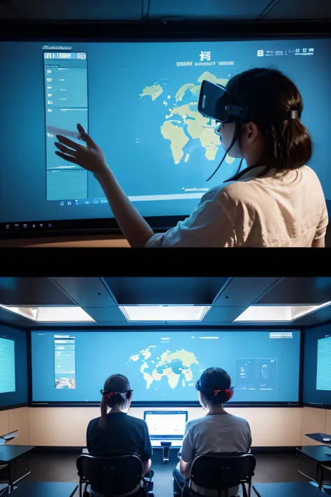 Give me a high-tech classroom of the future，There should be, but not limited to, interactive panels、Electronic class cards、Manage hosts、Environmental control module、Big data analytics tools、VR/AR equipment and other high-tech equipment，The classroom should...