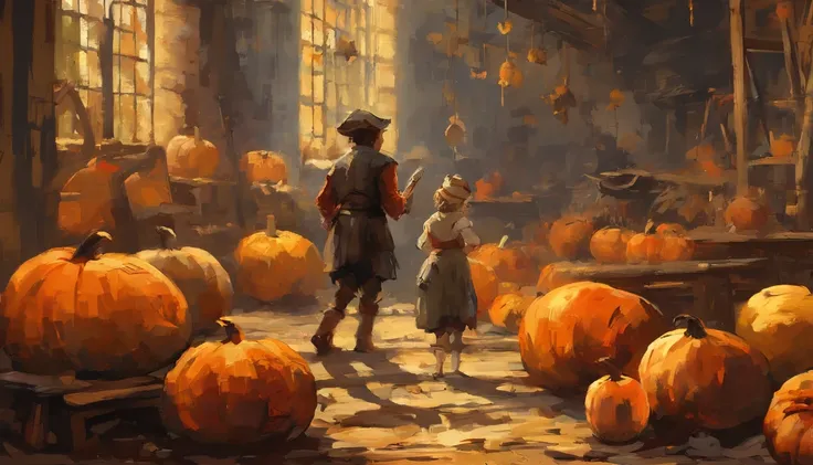 オイル, pinceladas, Goteos de pintura, A scene with many pumpkins of different sizes with happy children playing around while the peasants sow, Sentado en una cocina vintage, Barroco, Dramatic contrasts between light and dark, Intensidad emocional, Tenebrismo...