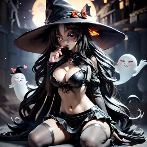 Curvaceous,1 very young girl,1 Sitting on a Spooky Pumpkin,full-body view,Witch bikini outfit,Tall witch hat,Thigh_highes,Micro mini skirt,Large_lower back,Spooky,ghosts, Halloween,Blushing,Ahegao_Face, huge tit、cleavage of the breast、A dark-haired,Purple ...