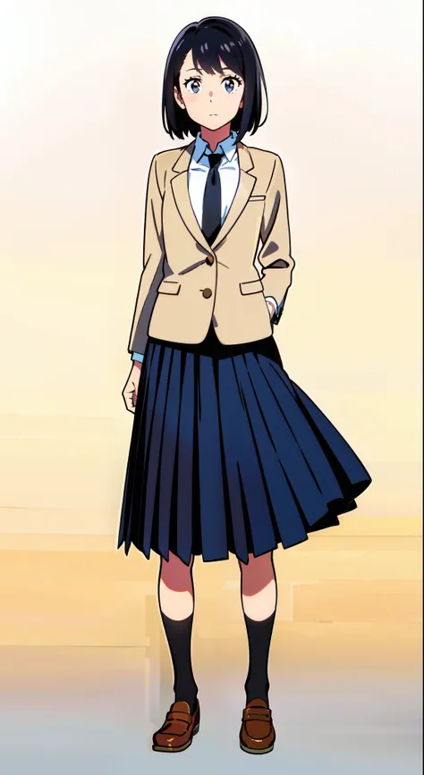 (white background:1.0), (best quality:1.0), (masterpiece:1.0), (full body), (solo:1.0), (1 cute girl:1.0), (long skirt:1.0), (dark blue skirt:1.0), (pleated skirt:1.0), (school uniform beige blazer:1.0), (dark blue necktie:1.0), (black socks:1.0), (loafers...