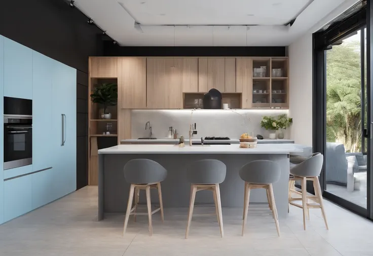 Kitchen design is 5m wide, 6m long, light blue, L-shaped kitchen, gray stone surface, light-colored dining table, 8 chairs, black ceiling fan, wooden floor, with cupboards