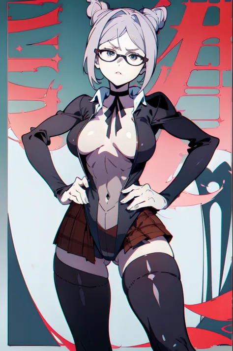 LWA 1girl as shiraki meiko,hair bun, glasses,school uniform, black thighhighs, plaid skirt, knee boots, ribbon choker, brown jacket black bodysuit, unzipped,striped, midriff, prison clothes, detailed eyes, detailed face, detailed skin,mature body, tall bod...