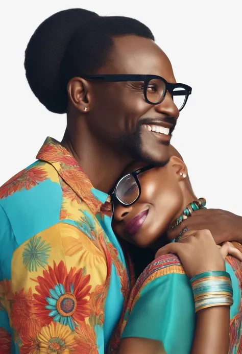 Imagine a photorealistic middle age handsome african man wearing glasses with a strong chin, short beard, ponytail hair with a tight outfit and a white woman wearing glasses with a smile, colorful clothes on a plain white background