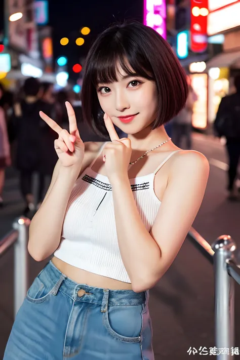 Cute 20s girl short hair street sexy Japan idol cute pose
Heart at finger night city