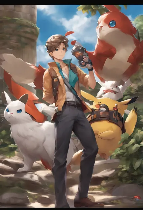 NerdPlayer figura masculina, with pokemon costumed ultra HD manga art