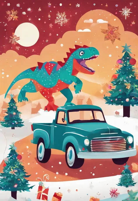 (a dinosaur) sitting on a truck, celebrating the arrival of Christmas, with (colorful decorations, twinkling lights, and a sparkling Christmas tree) surrounding them. The dinosaur has (brightly colored, patterned scales) and (expressive, joyful eyes). The ...