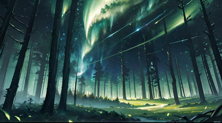 A masterpiece of dark green otherworldly forest glowing spars, Best quality, High quality, Extremely detailed Cg Unity 8K wallpaper, Depth of field, hdr,,Photorealistic,Extremely detailed, Intricate, High detail, Universe, Celestial celestial objects of th...