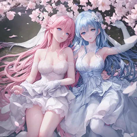 cherry_blossoms, Falling_petals, petals, branch, Pink_flower, 1girll,20yr old, Blue_sky, Spring_(season), petals_On_Liquid, flower, hanami, dress, (Long straight blue hair：1.5), Wear a garland, sky,exteriors，​​clouds，By bangs，ssmile，Blue eyes，White wedding...