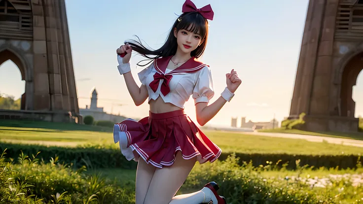 （(HD realistic，SAMA1 level))，Extremely realistic，jay
make，Best quality at best，A high resolution，SAMA1，head gear，Sailor Sensi uniform，((Bigboobs，whitegloves，Red sailor collar，Red skirt，Star necklace，elbowgloves，pleatedskirt，naked leg，Purple bow))，standing ...