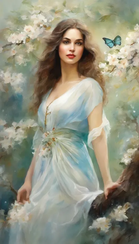 (best qualtiy，tmasterpiece), Beautiful teenage girl, beautiful goddess, ((The shirt, falda corta)), Beautiful Hair Accessories, Pear Blossom Forest, Detailed scene, the night, starrysky, cold light, (cyan colors, white colors), ((From below)), ((Full body)...