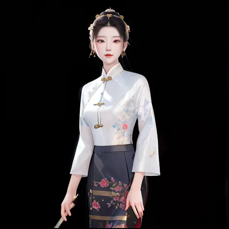 a close up of a woman in a skirt and blouse holding a knife, inspired by Sim Sa-jeong, inspired by Yao Tingmei, inspired by Lü Ji, digital art of an elegant, inspired by Ma Yuanyu, inspired by Wang Lü, inspired by Lan Ying, cheongsam, inspired by Min Zhen,...