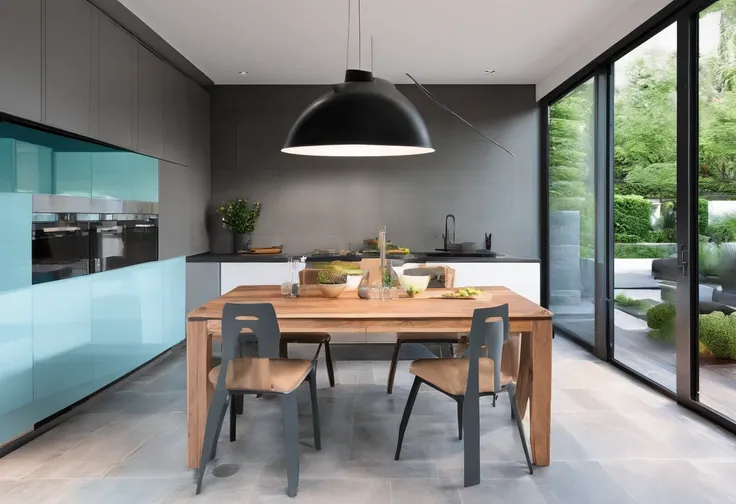 Country style kitchen design, garden view, wide glass door, room 5m wide, 6m long, light blue color, L-shaped kitchen, gray stone surface, light-colored dining table, 8 black chairs, colored ceiling fan Black, wooden floor, TV cabinet