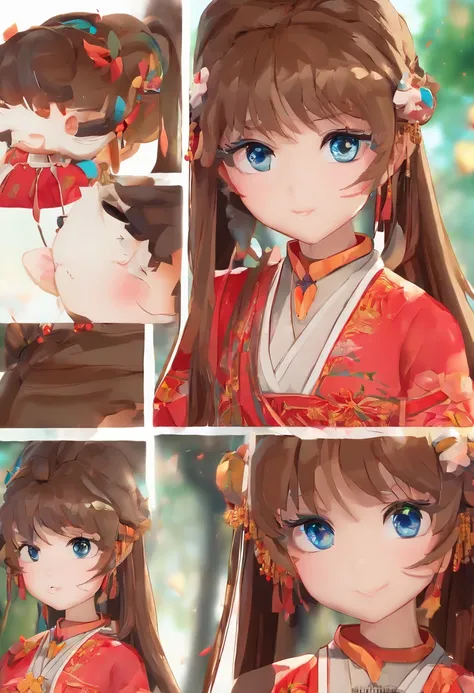 Three View，up front view、the sideview，posterior view，Cartoon girl with blue hair wearing red Tang Dynasty style clothes, Stylized anime, advanced digital chibi art, close up character, Anime Stylization, Loli, cute character, tchibi, Chibi Art, Cute detail...