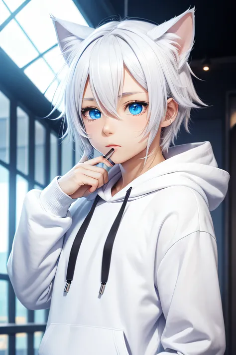 1 man, ainme charactor, Varlorant, cat ears, Chibi, Cat mouth, cute, White hair, Blue eyes, White Hoodie cloth