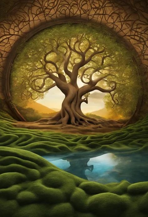 Desenvolva uma logomarca para a terapeuta "Jhayson" que simbolize a jornada interior e crescimento pessoal, Using a stylized tree of life as a central element, o nome "Jhayson" Intertwined at the roots, Cores naturais da terra, Escultura em madeira realist...