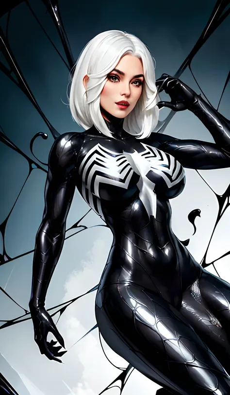 4K，realisticlying，Glamorous，The is very detailed，There is a girl in Dingcheng，White hair，Wearing a black Spider-Man costume，（Black and white：1.4） the night,symbiote，venomize，a large amount of mucus,she is a spiderman，Black superhero theme，In front of the s...