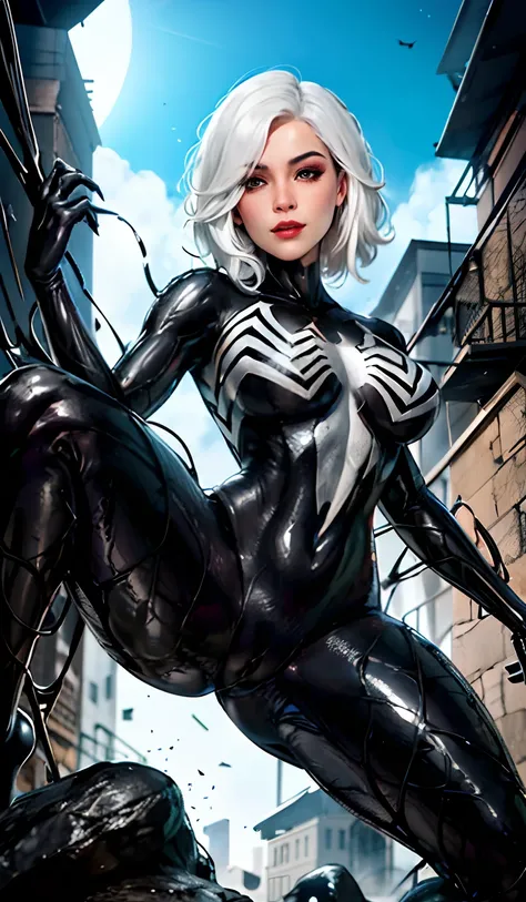 4K，realisticlying，Glamorous，The is very detailed，There is a girl in Dingcheng，White hair，Wearing a black Spider-Man costume，（Black and white：1.4） the night,symbiote，venomize，a large amount of mucus,she is a spiderman，Black superhero theme，In front of the s...