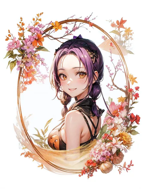 stickers, T-shirt design,1girl, , solo, pumpkins, graveyard, broom, purple hair, twintail, large breasts, cleavage, black jacket, purple bra, yellow eyes, skirt, smile,