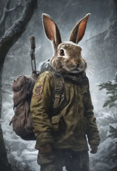 Masterpiece, Best quality, (Very detailed CG Unity 8K wallpapers), (Best quality), (Most Best Illustration), (Best shadows), Mr. Bunny, an adventurer，Wearing an explorers hat，Carry a bag，Behind him was a dense jungle，depth of fields，Very much detail