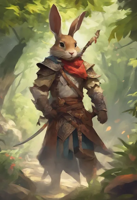 Masterpiece, Best quality, (Very detailed CG Unity 8K wallpapers), (Best quality), (Most Best Illustration), (Best shadows), Mr. Bunny, an adventurer，Wearing an explorers hat，Carry a bag，Behind him was a dense jungle，depth of fields，Very much detail