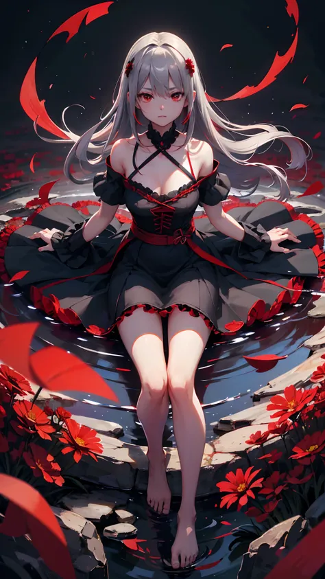 (hiquality,4k,8K,hight resolution,Masterpiece:1.2),Ultra-detailed,Realistic:1.37,A girl,独奏,gray hair,red eyes,Black Dress,flower field,red flowers,Blood-colored flowers,,Red Field,Floating Red Petals,illustartion, Vivid colors,soft-lighting