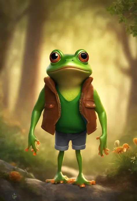 Little frog，adolable，shaggy，Cartoony，Wearing a green vest。