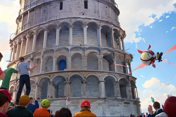 A man lowers a small iron ball from the Leaning Tower of Pisa，Iron Ball Experiment，The crowd watched from the sidelines