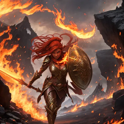 Imagine an elf-looking, ember-skinned, strong, slapped warrior, carrying a shield and surrounded by flames, amid a setting near a volcano. --auto --s2