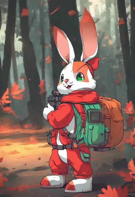 (A rabbit with binoculars stands on the path among the autumn leaves), Cartoon exploration elements，（There are binoculars around his neck：1.37），hairy,  Big green bright eyes,, The rabbit wears a stylish green adventure outfit,green shorts， Wear red hiking ...