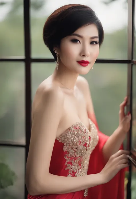 Asian beauty 35 years old short hair, long legs, lean breasts in formal attire