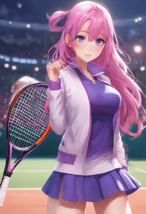 Cute girl,big sized boobs, blue colour tennis outfit, tennis girl, purple eyes and long pink hair, short skirt, ultra realistic eyes , tennis ground outside, bright purple eyes, anime