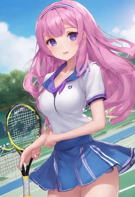 Cute girl,big sized boobs, blue colour tennis outfit, tennis girl, purple eyes and long pink hair, short skirt, ultra realistic eyes , tennis ground outside, bright purple eyes, anime