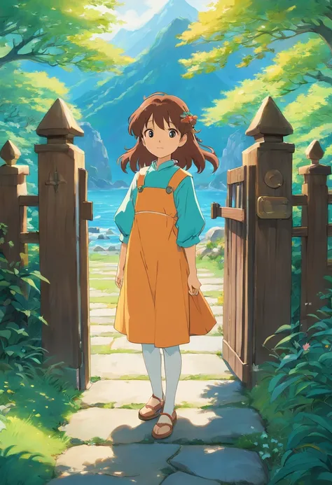 inthe style of tranquil gardenscapes, Animated color photos, Masami Teraoka, aquamarine, Paul Gauguin, Amber style, Honest portrait，Yard gate，In front is mountains and water