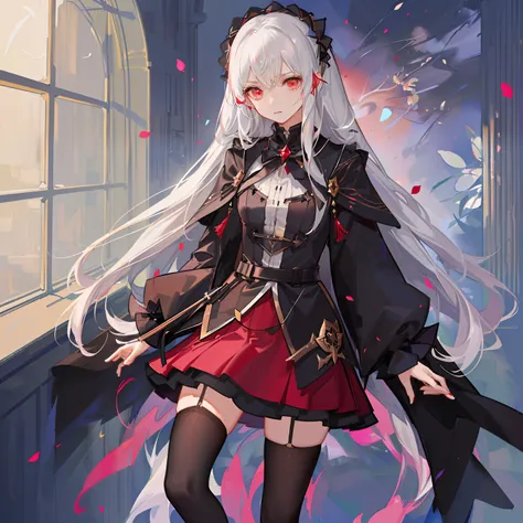 teens girl，black lence stockings，cloaks，short  skirt，magical girl outfit，Euphorbia，red color eyes，long  white hair，full bodyesbian，a somber look，