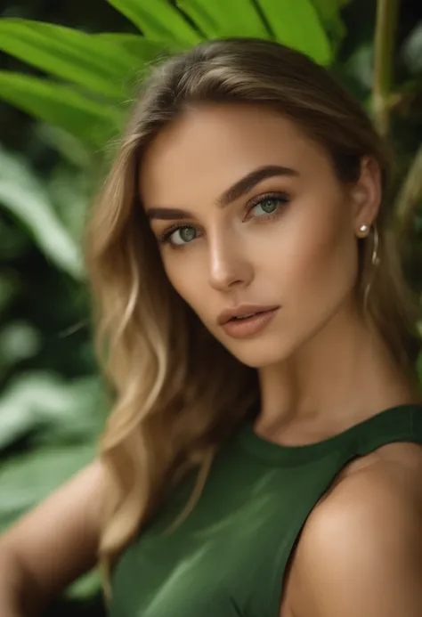 Green tank top, fille sexy aux yeux vert, Portrait Sophie Mudd, Portrait de Corinna Kopf, portrait de Charly Jordan, cheveux blonds et grands yeux, selfie of a young woman, ohne Maquillage, Natural make-up with piercing black eyes, Look directly into the c...