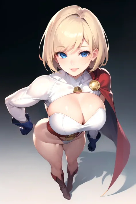 power girl, lips,smile, cleavage cutout, center opening, belt, blonde hair, blue eyes, cape, cleavage, blue gloves, highleg, white leotard, short hair, 1girl, full body, masterpiece, best quality,