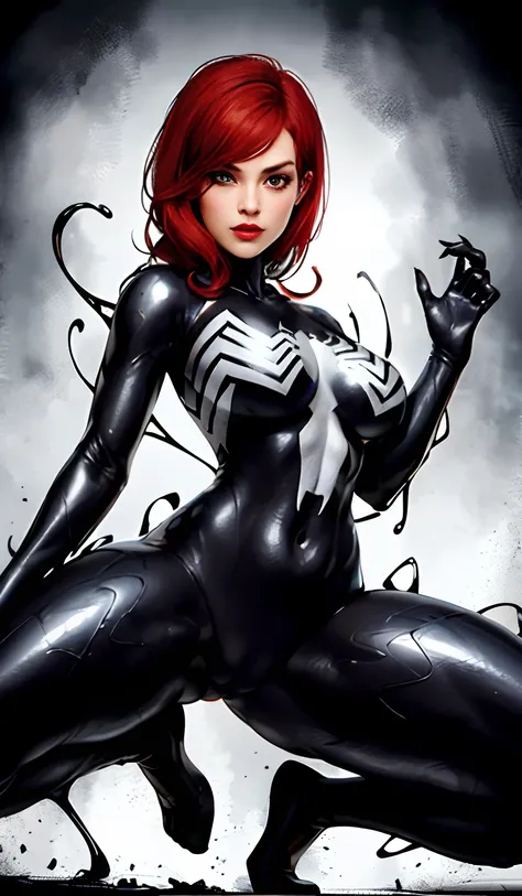 4K，realisticlying，Glamorous，The is very detailed，There is a girl in Dingcheng，Red hair，Wearing a black Spider-Man costume，（Black and white：1.4） the night,symbiote，venomize，a large amount of mucus,she is a spiderman，Black superhero theme，In front of the sky...