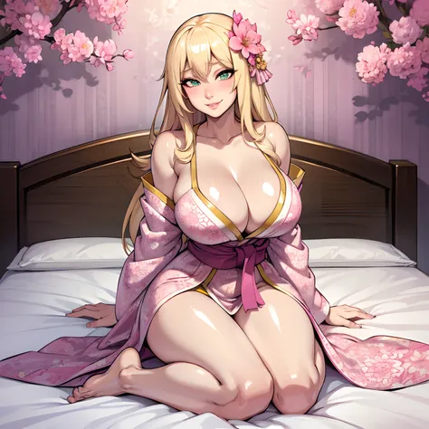 single female, long blonde hair, large chest, patterned kimono, kneeling on bed, seductive smile, blushing, (SOLO), bare legs, cleavage, boobs, shiny silk kimono, pattern kimono, flower in hair, full lips, (shiny) (shiny white kimono with gold and pink flo...