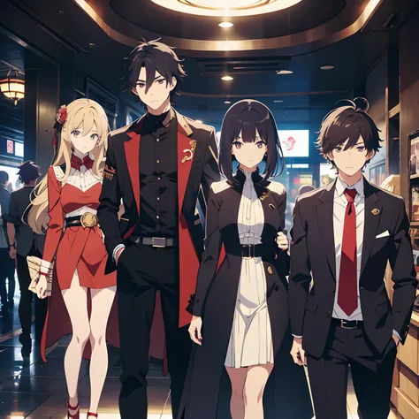 Two couples，a young man and a woman，Utopian style，Underworld style，style of anime，