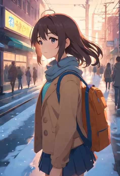 ​masterpiece、top-quality、Movie stills、1girl in、run　sideways Facing　full bodyesbian　校服　pupils on　hi-school girl　Long hair　School bag　((Makoto　sideways Facing　profile)))　((blazers　muffler))　Winters　kou