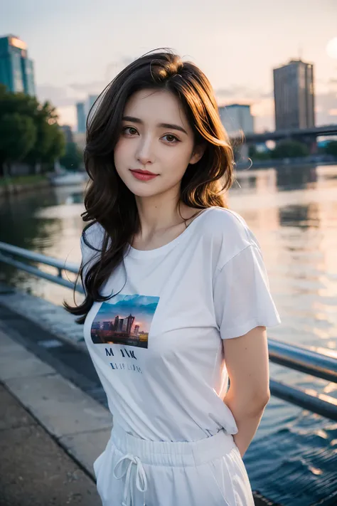 Best quality  long hair , Caucasian Allison Mack , hair curlers, women , dark hair   , happy , blurry, soft skin, , expressive eyes , , , at   river sunset  ,,  ,  t-shirt,  jens pants