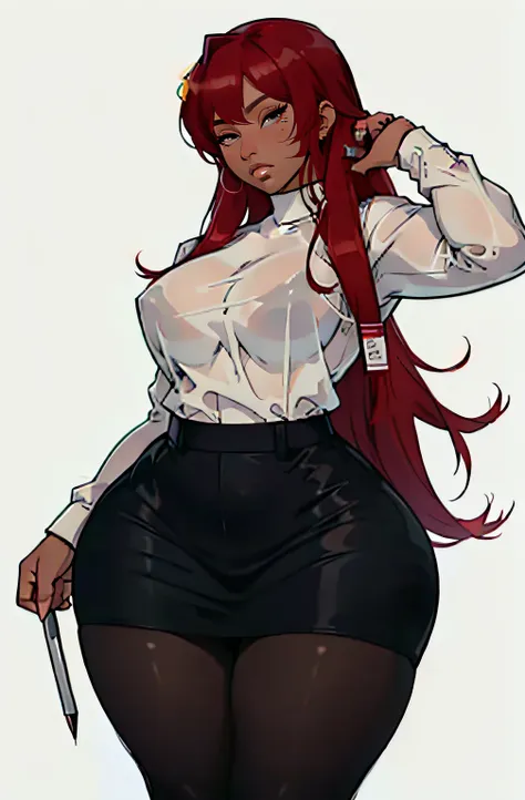 dark skin ((1 girl)) (hanging breasts: 1.5) ((toned body)) ((chubby)) (dark skin) dark red hair long hair (long sleeve white shirt pantyhose pencil skirt) see-through