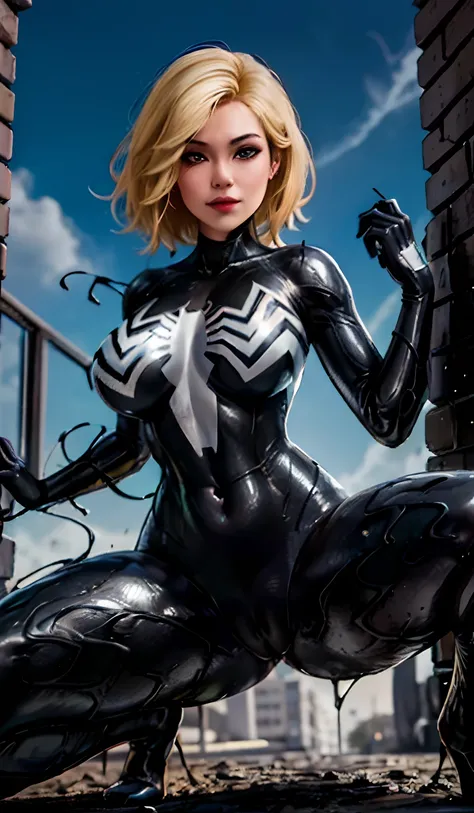 4K，realisticlying，Glamorous，The is very detailed，There is a girl in Dingcheng，Blonde hair，Wearing a black Spider-Man costume，（Black and white：1.4） the night,symbiote，venomize，a large amount of mucus,she is a spiderman，Black superhero theme，In front of the ...