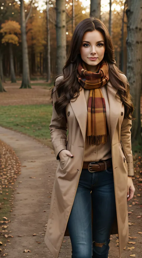 full body, long_hair, gorgeous, city girl, western, autumn scarf, medium boobs under clothes, brown jacket, autumn clothes, semi-cold outside clothes, (masterpiece), best quality, garden, grass, outside, night time, autumn blurry background, in the forest,...